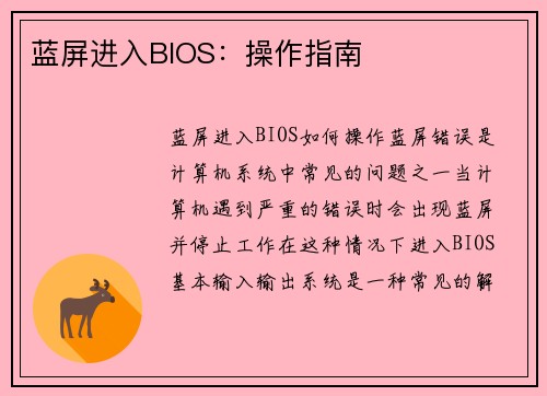 蓝屏进入BIOS：操作指南